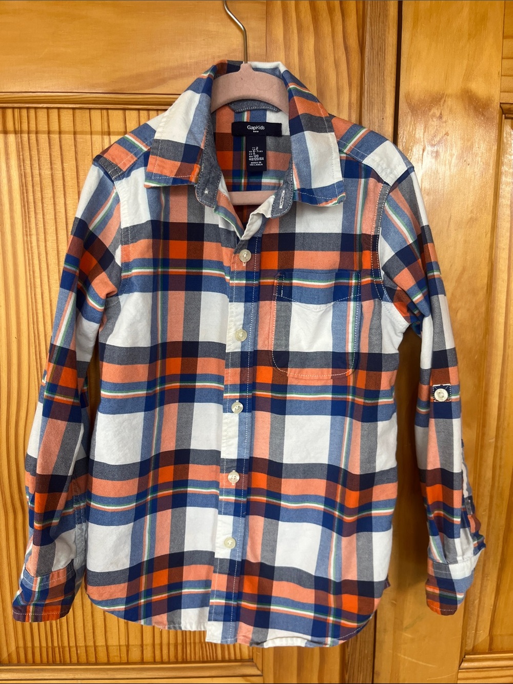GAP Boys Plaid Button-Down Shirt in Navy, Orange & White